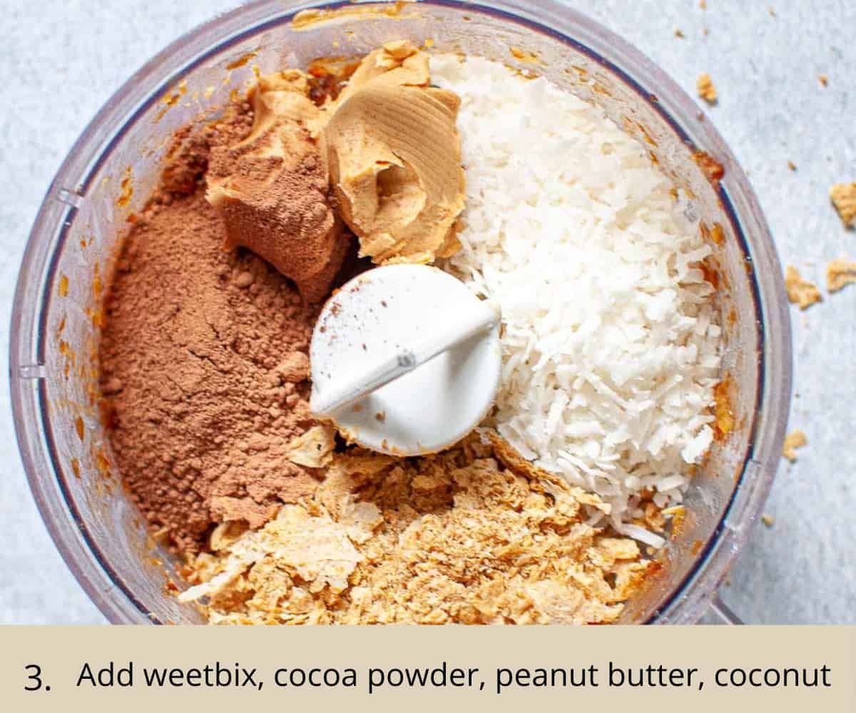 chocolate weetbix ball mixture in a food processor