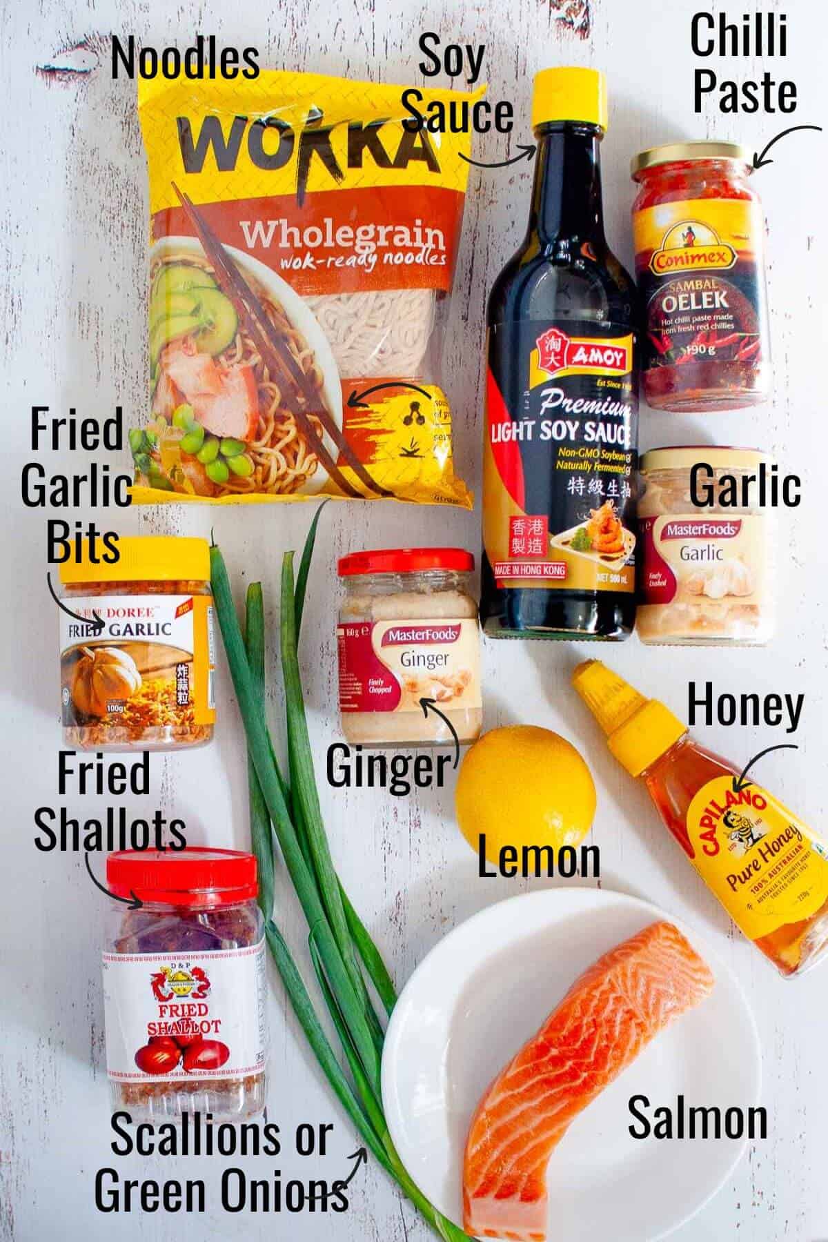 Ingredients needed to make asian salmon stir fry noodles