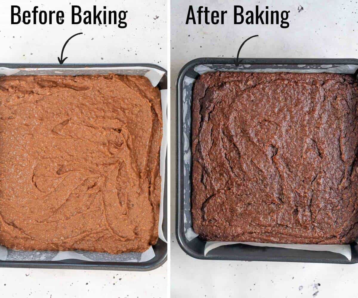 chocolate chickpea cake before and after baking