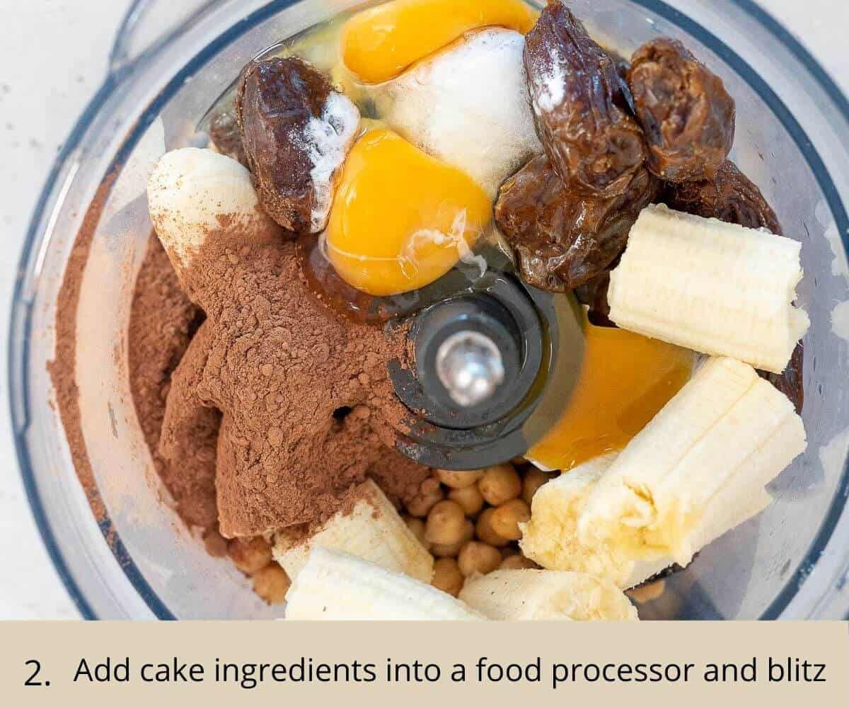 Cake ingredients in a food processor ready to blitz