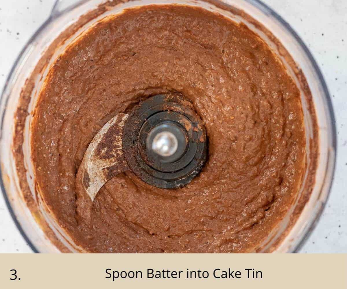 Chocolate chickpea cake batter in a food processor
