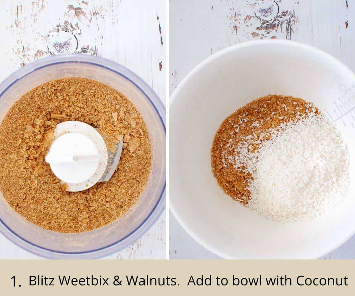 Blitzing weetbix and walnuts in a food processor