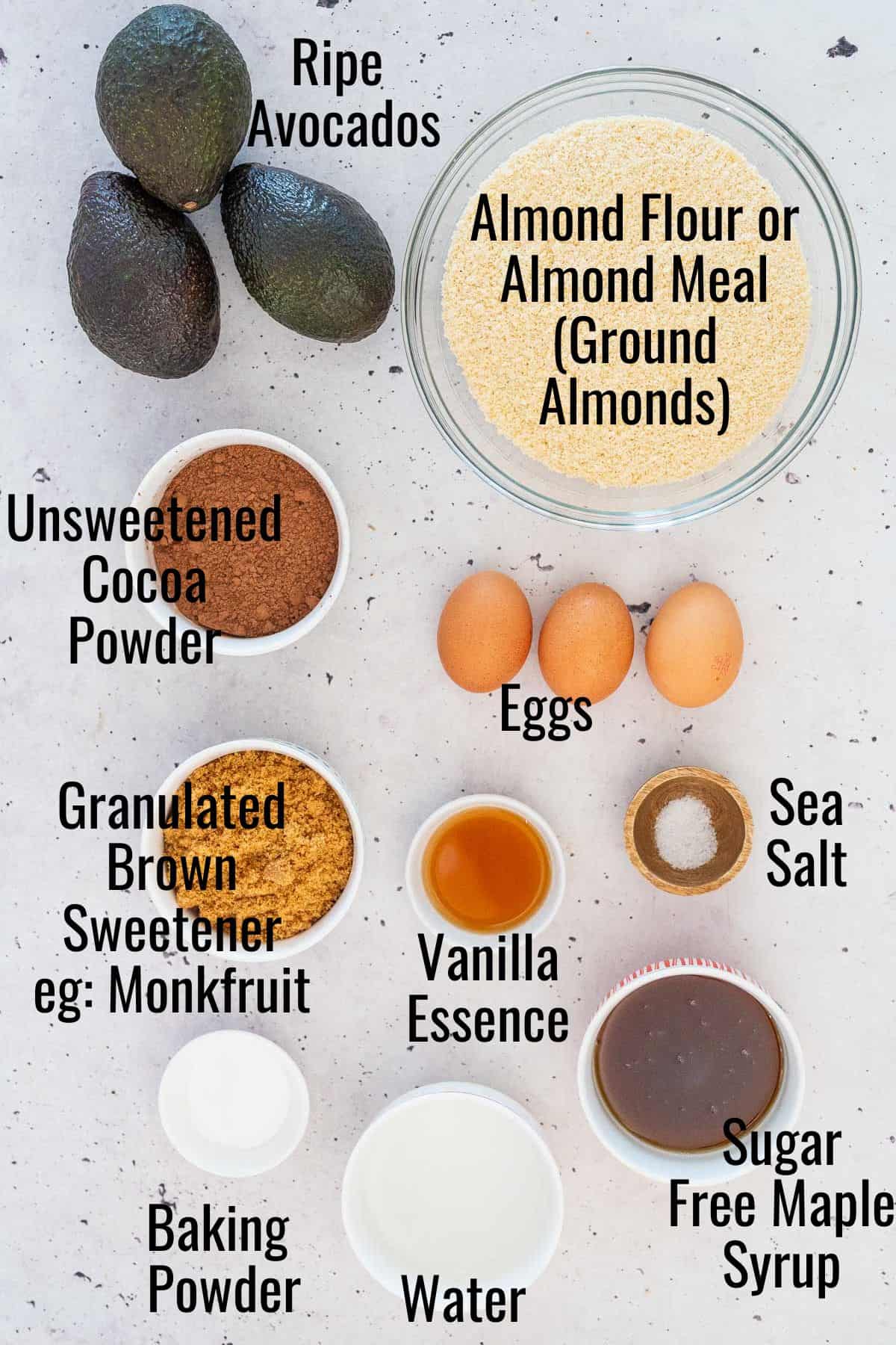 Ingredients needed to make chocolate avocado cake