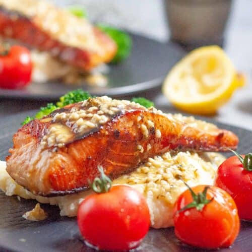 pan fried salmon on mashed potato