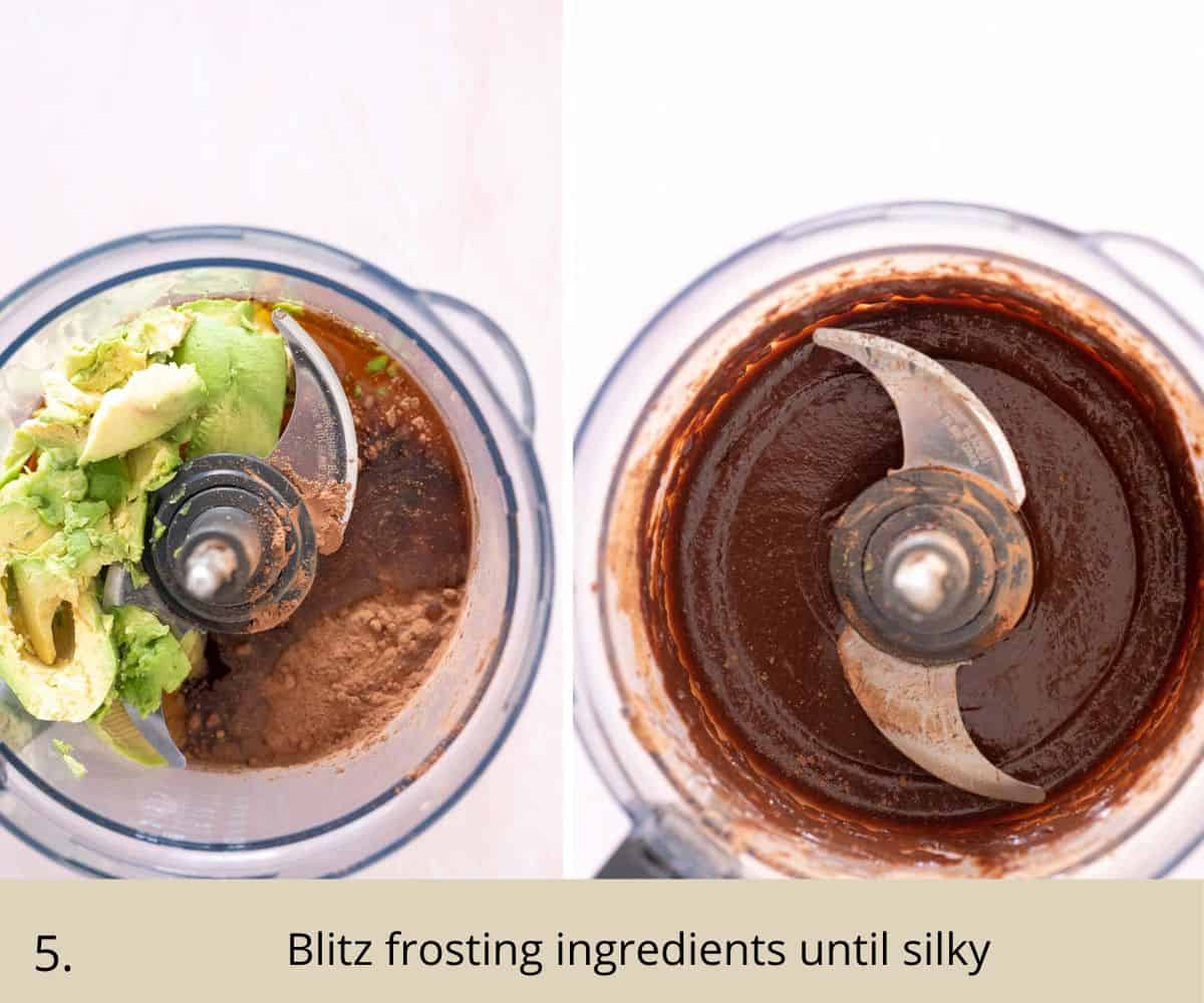 blitzing ingredients in food processor for choc avo frosting