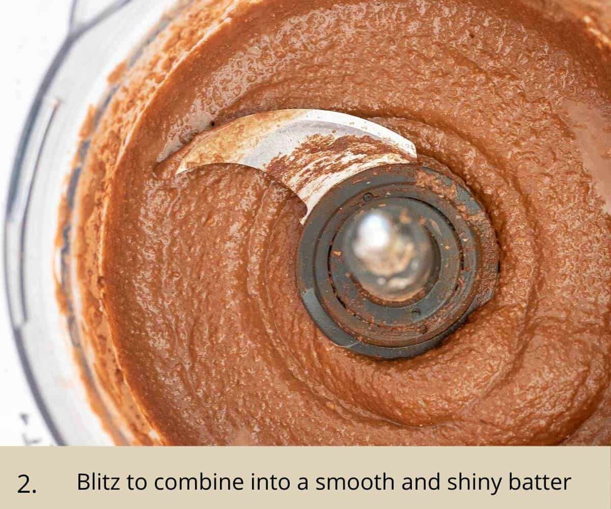 choc avo cake batter in food processor