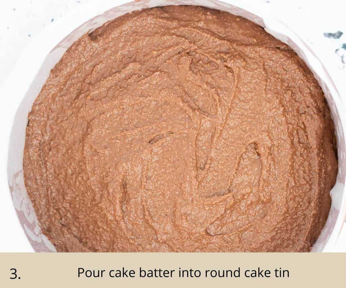 choc avocado cake batter in cake tin ready for oven