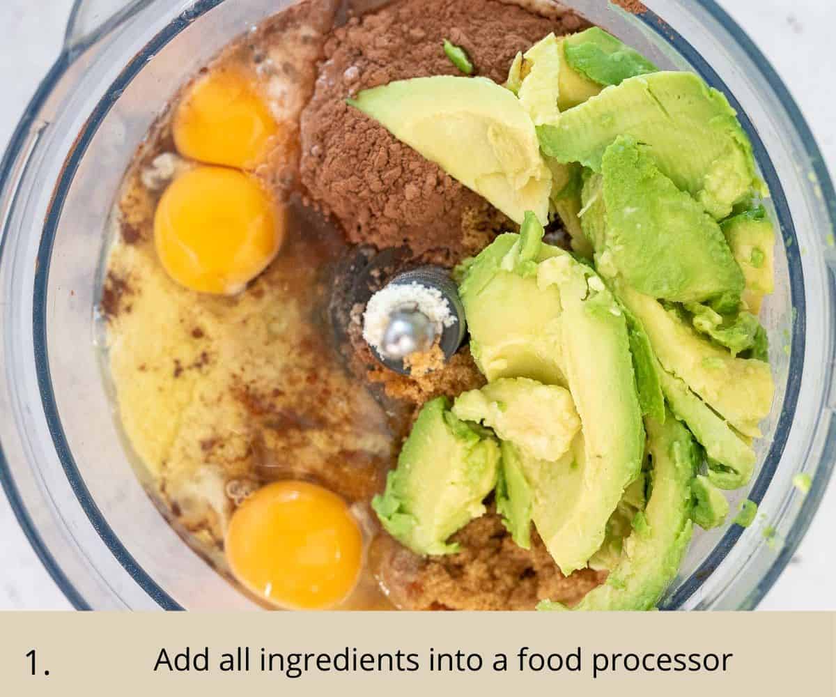 choc avocado cake ingredients in food processor