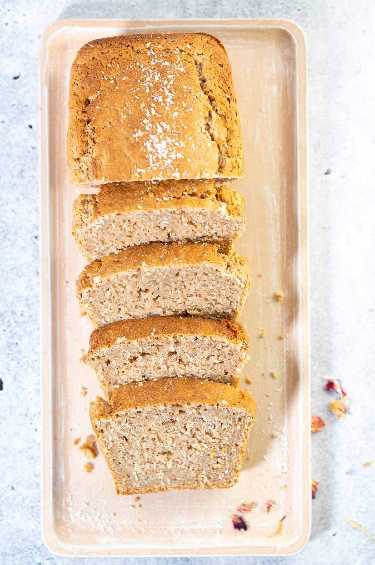 Coconut loaf bread slices on a tray