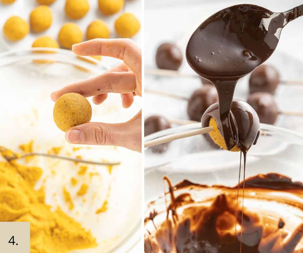 Adding chocolate coating to pumpkin truffles