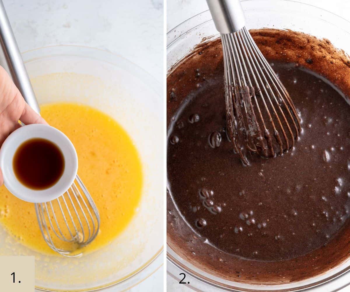 mixing brownie batter in a bowl