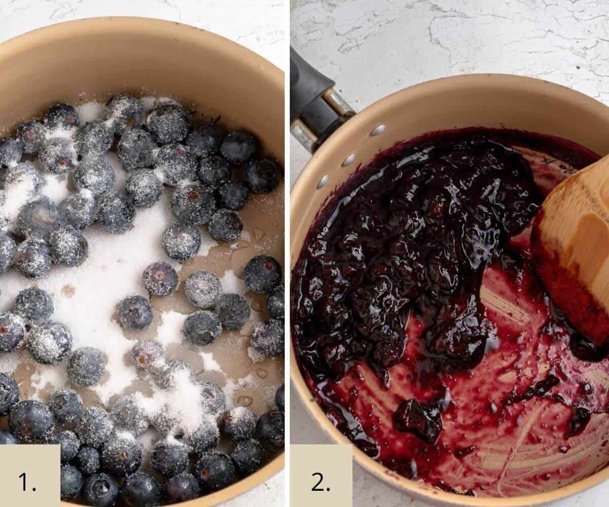 mixing blueberries and sweetener in a pot