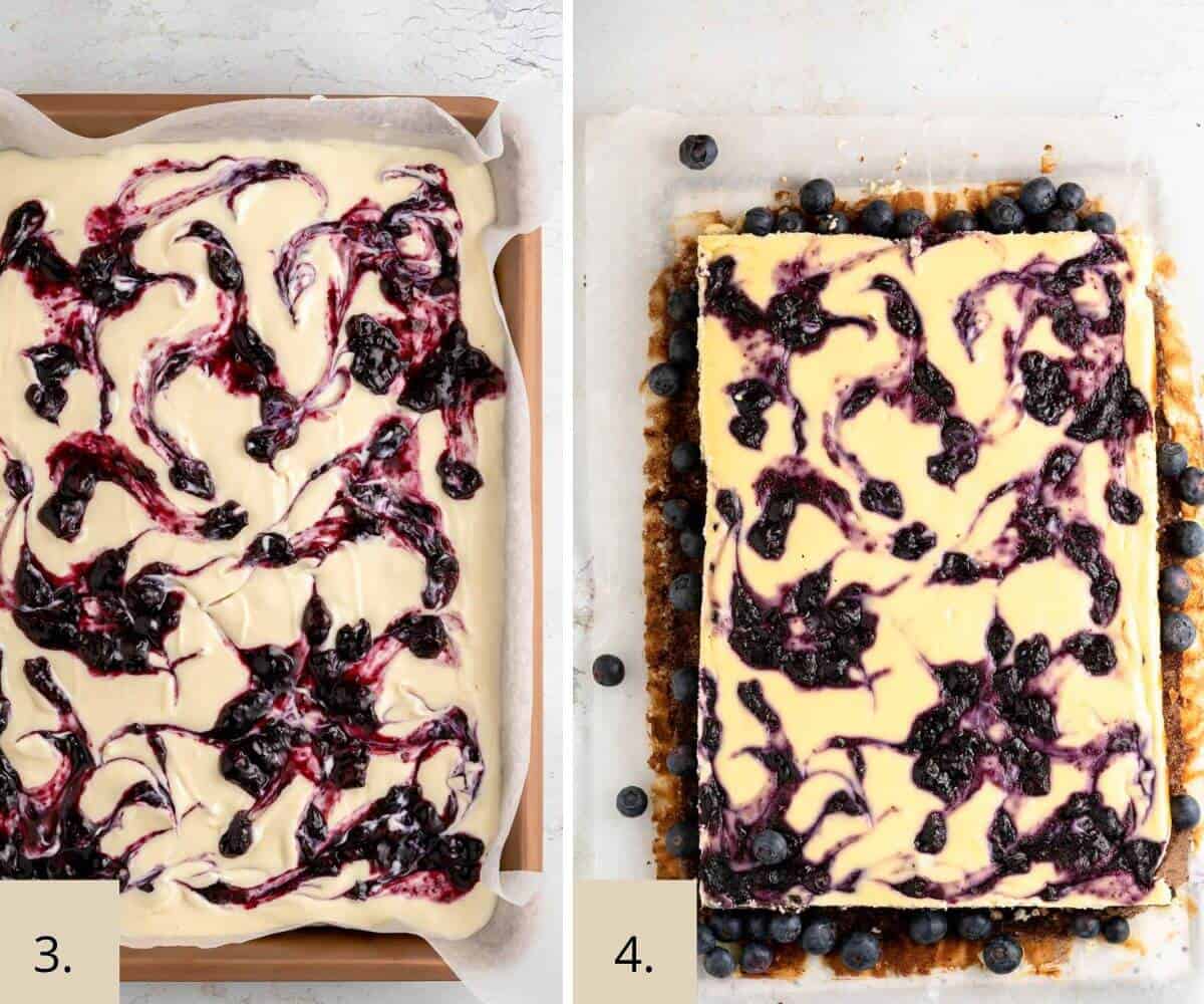 adding blueberry jam to top pf cheesecake brownies