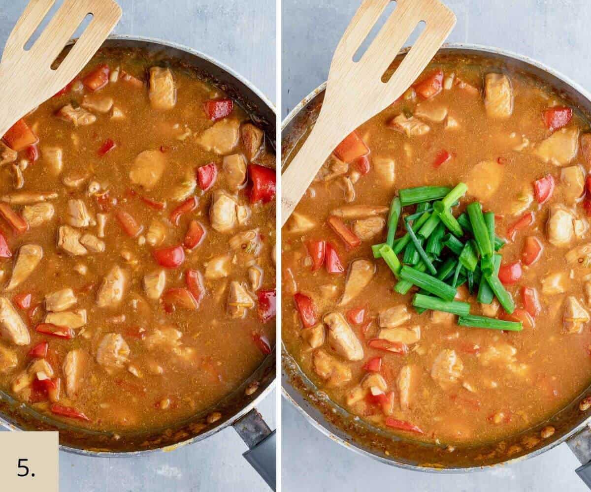 cooking healthy orange chicken in a pan with wooden spoon