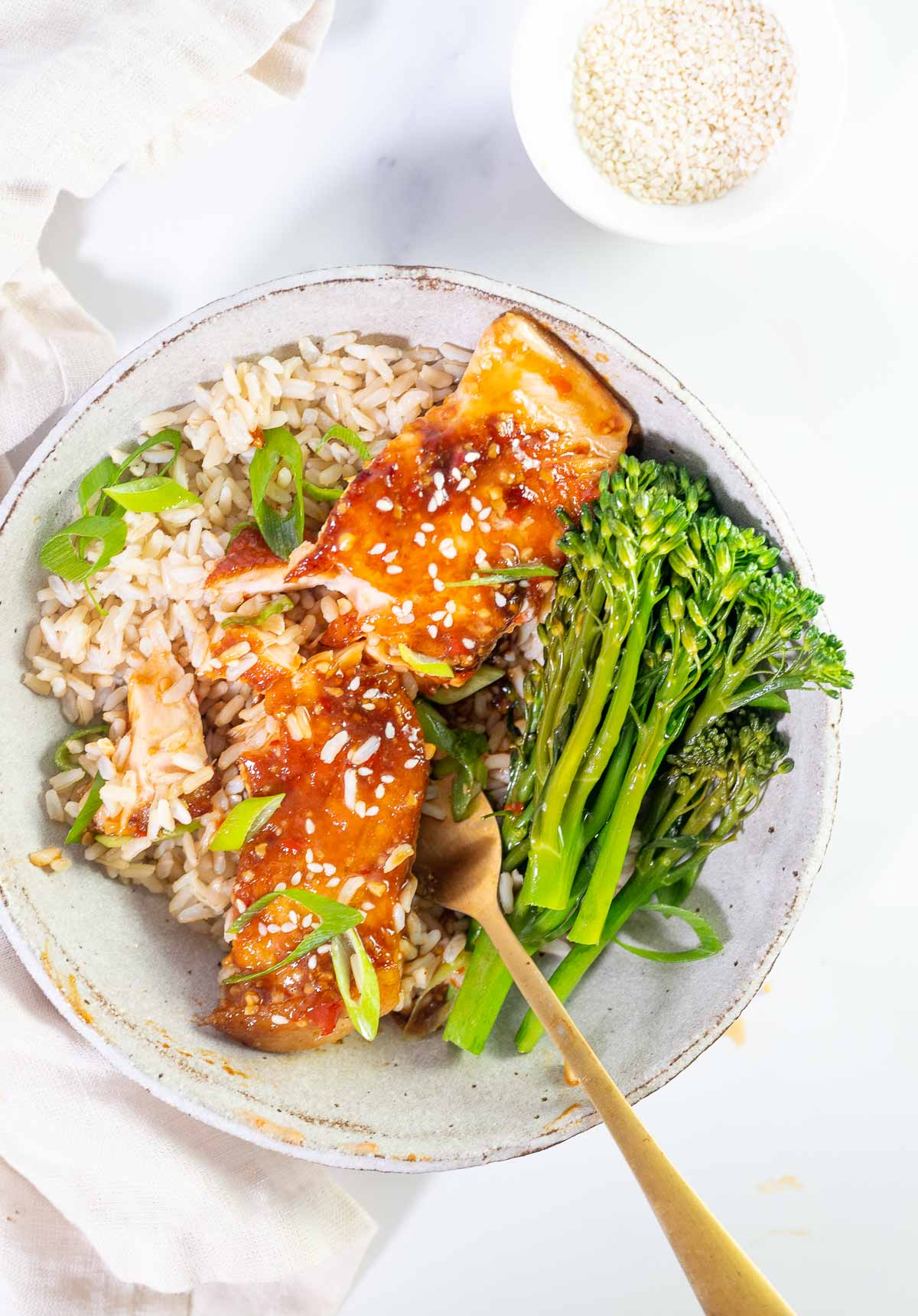 glazed sweet chili salmon with a fork