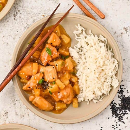 Chinese pineapple chicken and rice in a bowl