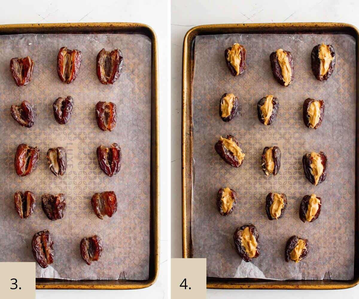 dates and peanut butter on a tray