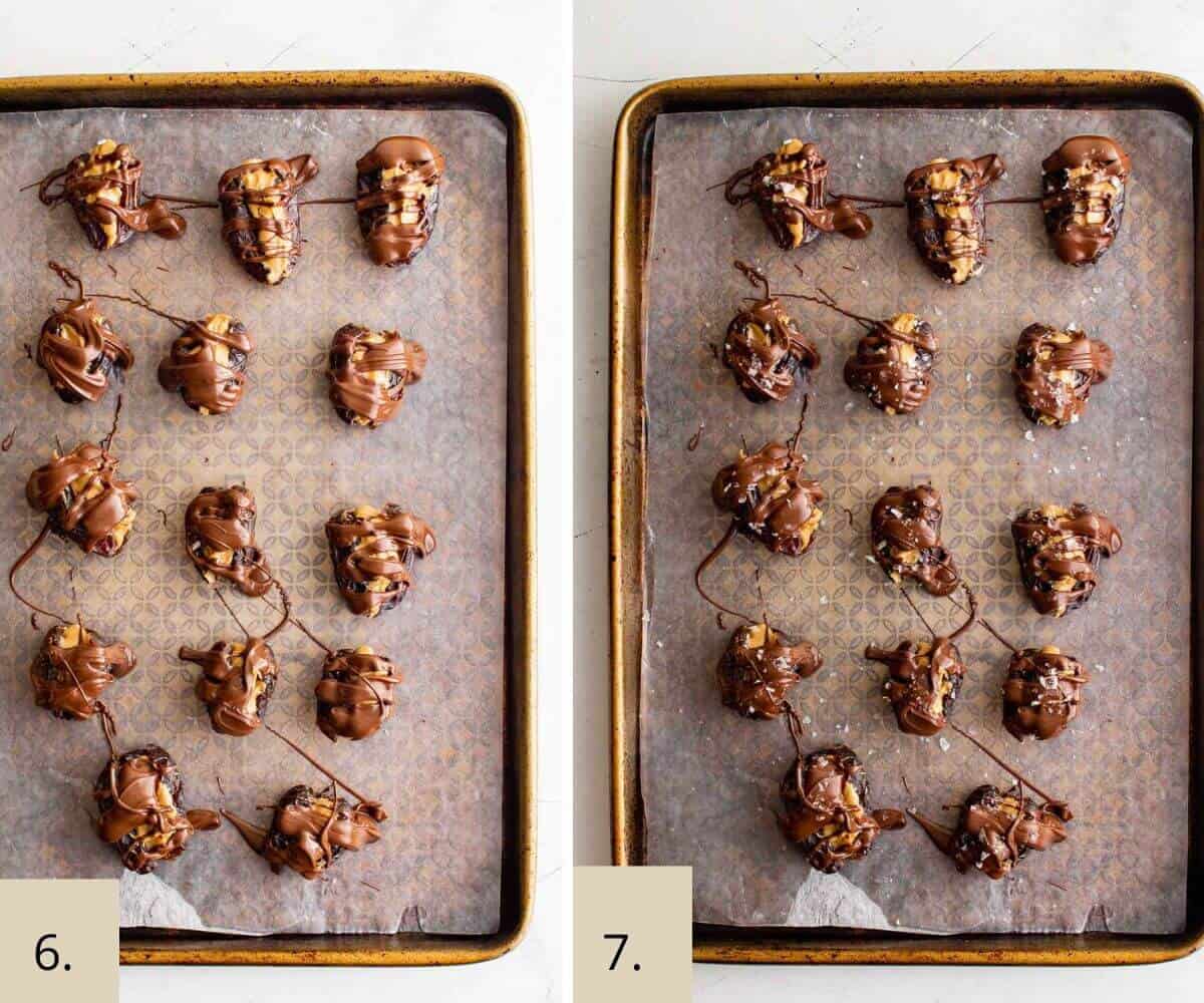 dates with peanut butter and chocolate on a tray