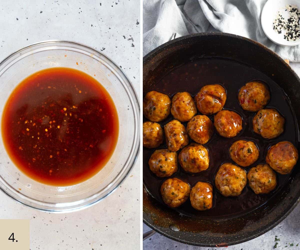 asian chicken meatballs in a skillet