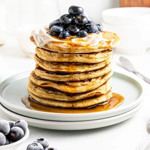 protein pancake stack no bananas with yoghurt and blueberries