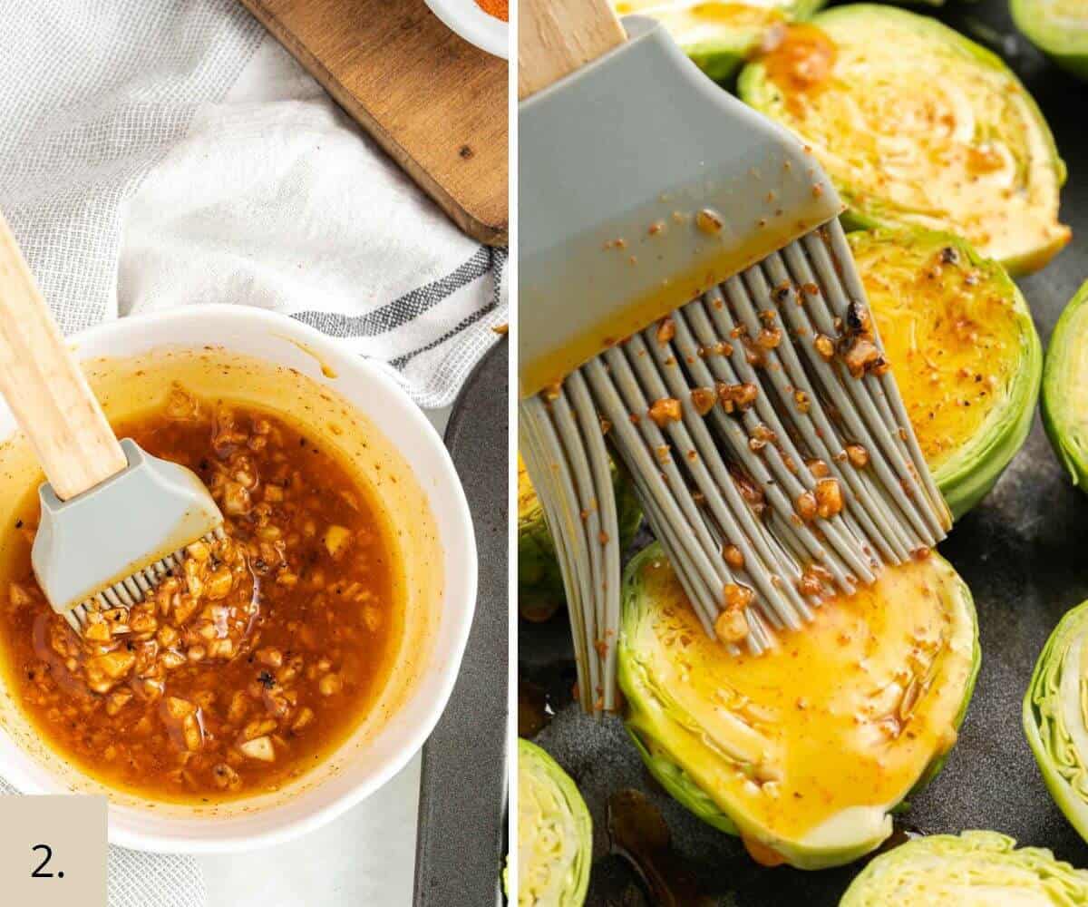 Brushing brussel sprouts with garlic butter