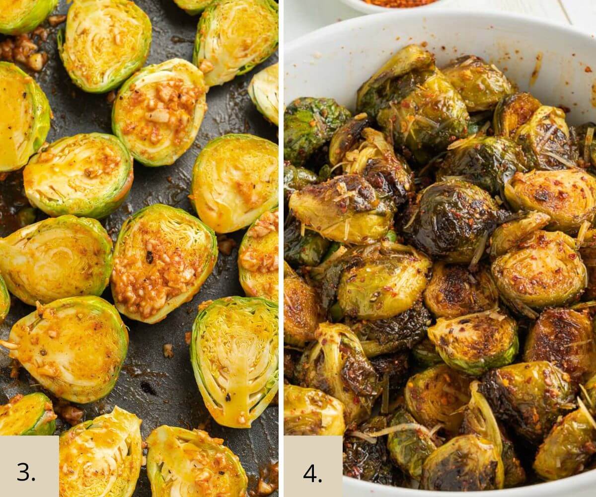 cooked roasted brussel sprouts on a baking tray
