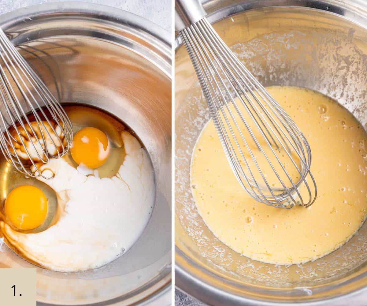 eggs and buttermilk in a bowl with a whisk