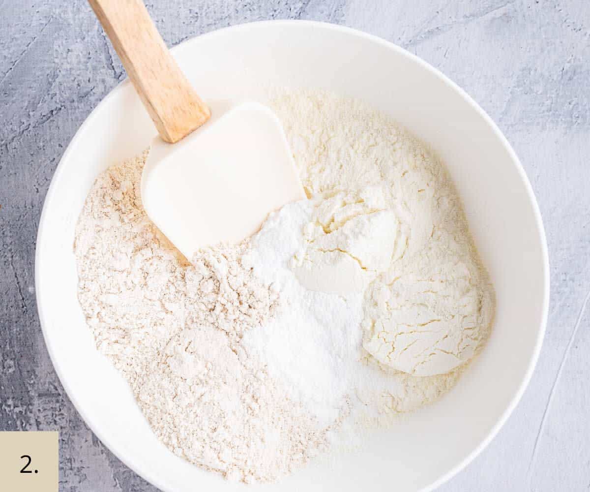 oat flour and protein powder in a mixing bowl