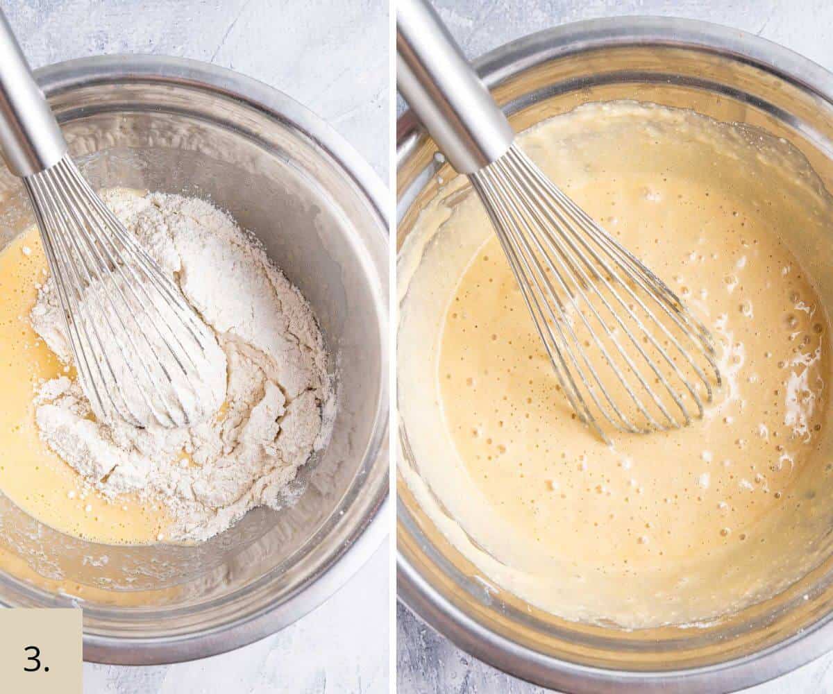 eggs, buttermilk, protein powder and oat flour mixing in a bowl