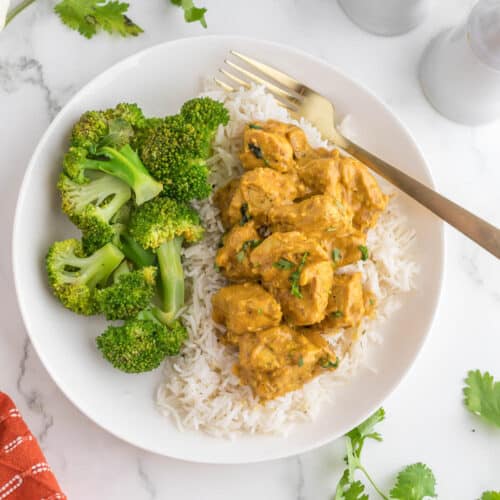 Butter chicken pumpkin curry on a plat with rice and brocolli