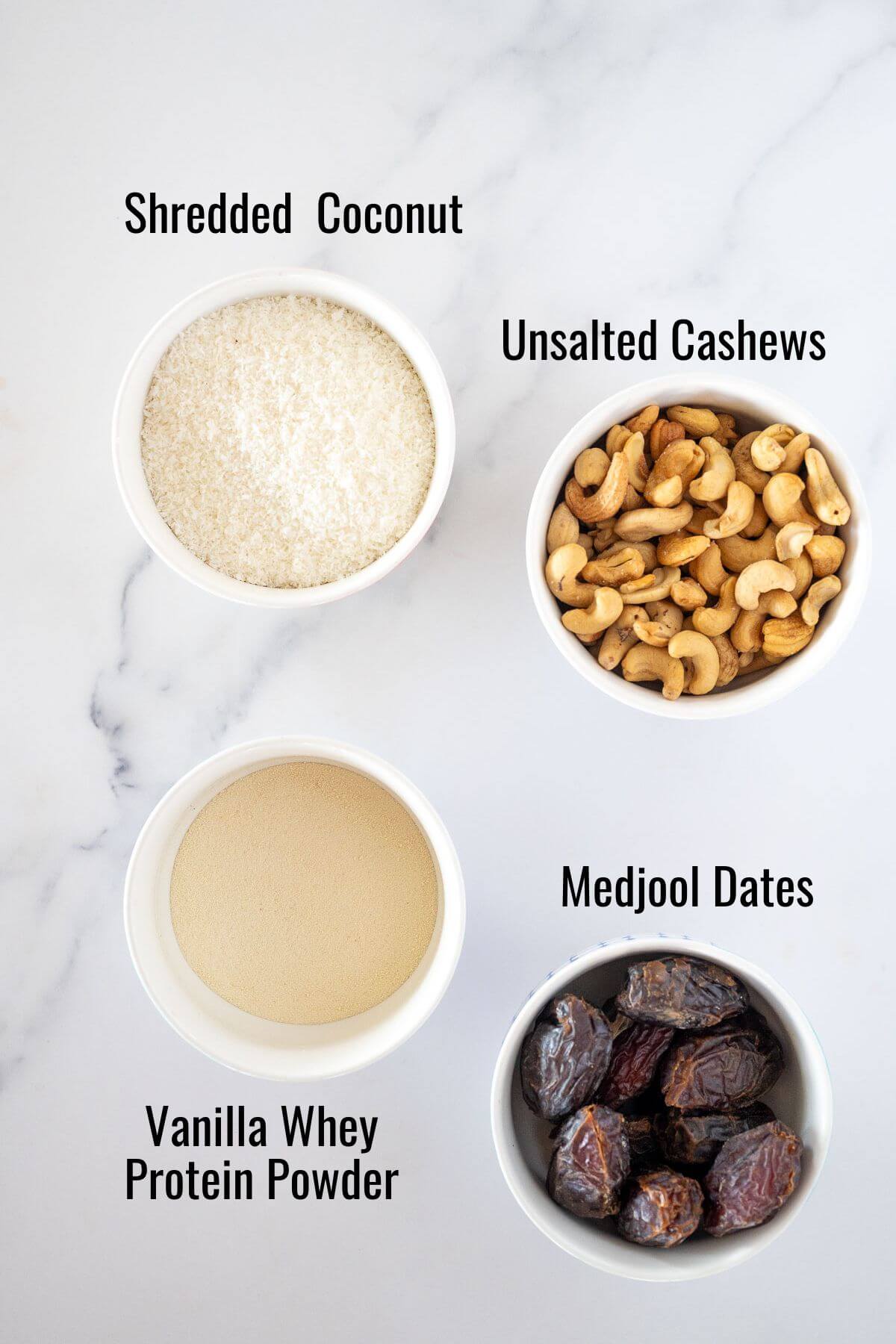 Ingredients needed to make protein balls with coconut