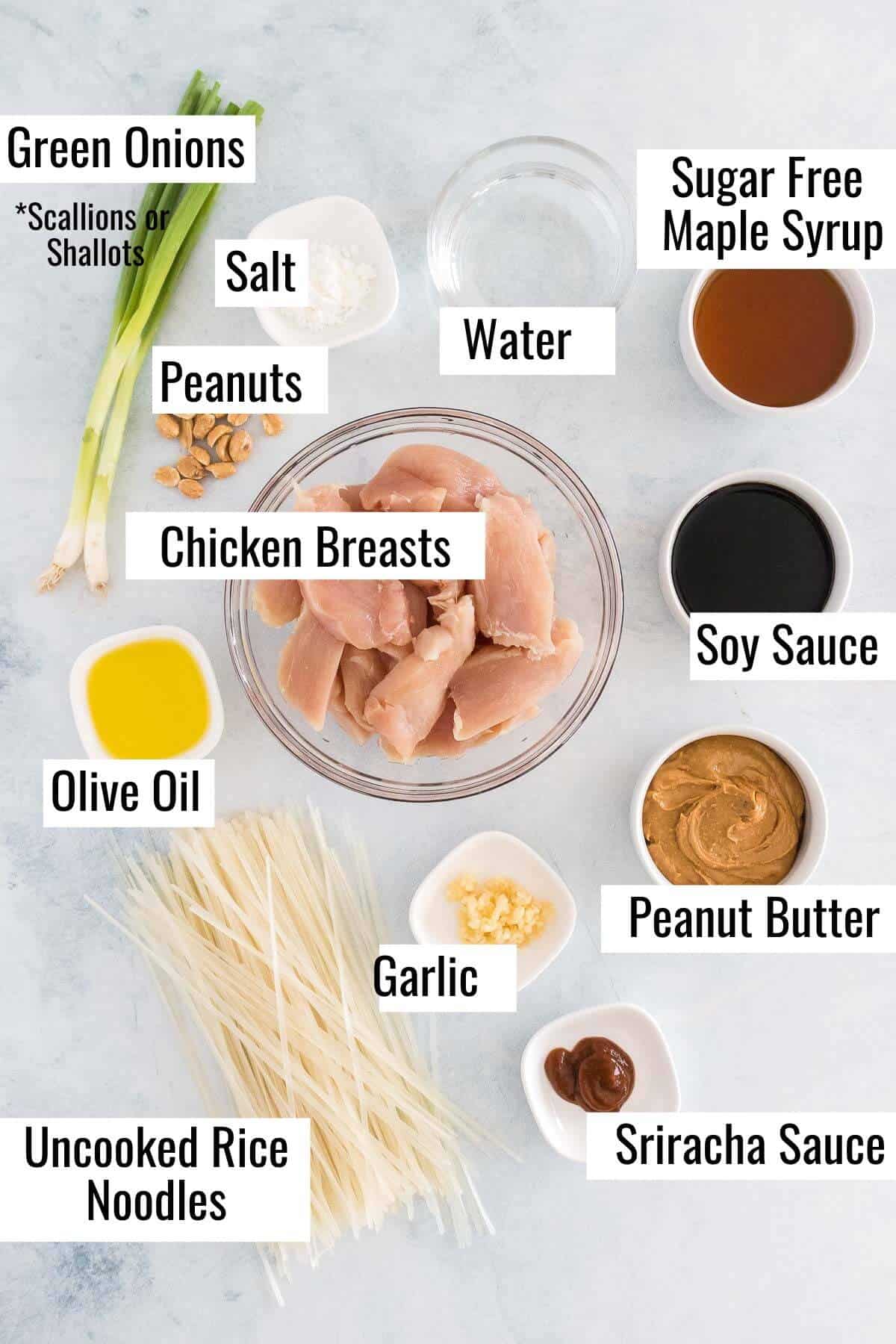 Ingredients needed to make rice noodles with chicken and peanut sauce