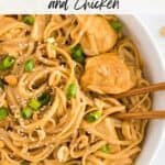 Pinterest pin for rice noodles with peanut sauce and chicken