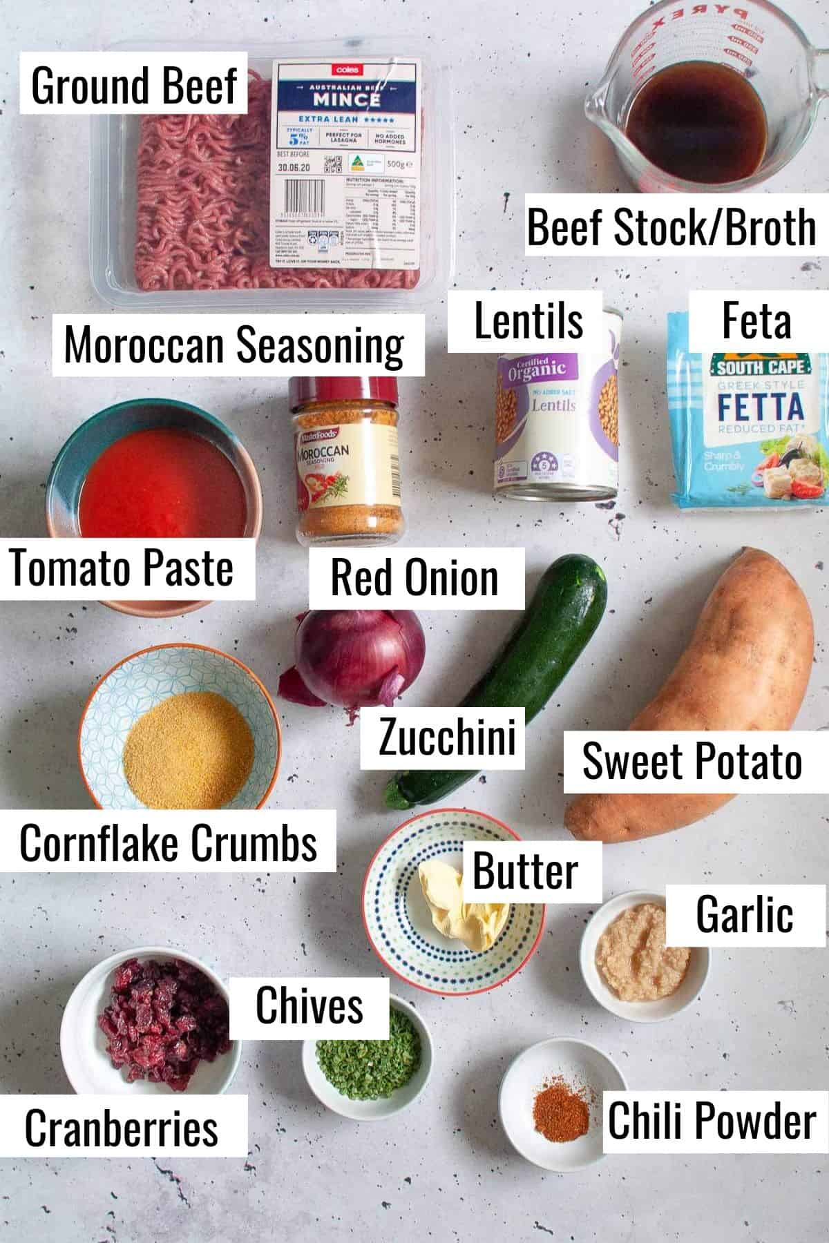 Ingredients needed to make beef shepherds pie with sweet potato