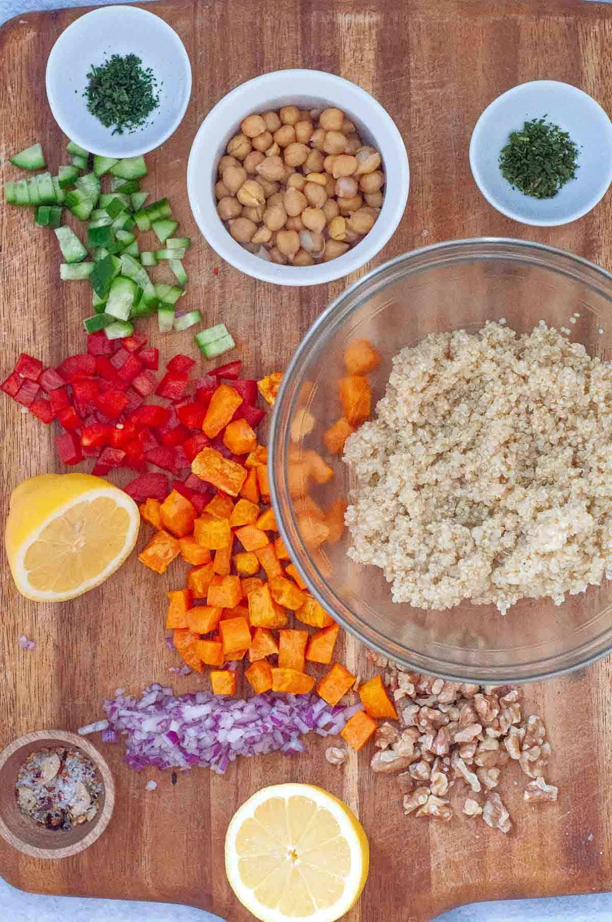 ingredients for making a quinoa salad bowl