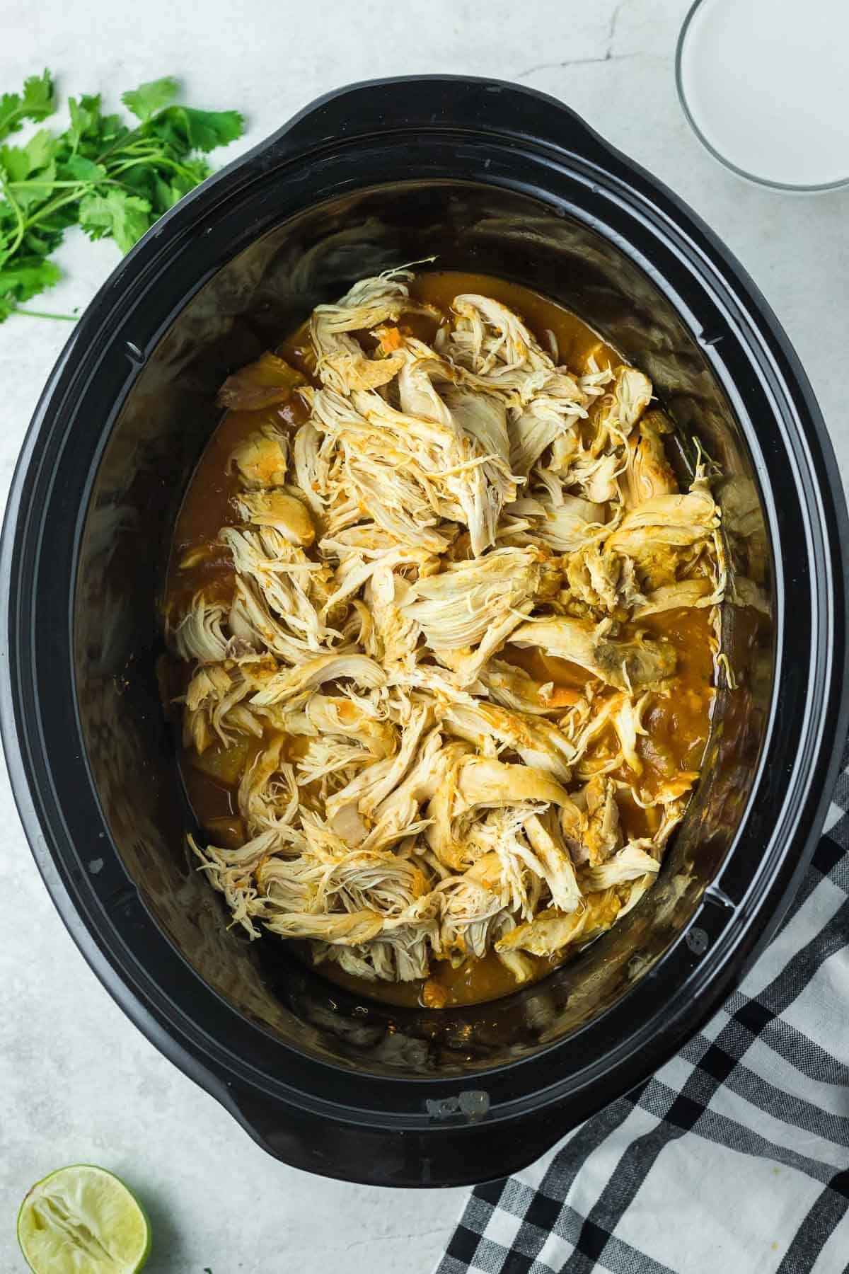 shredded chicken breast on top of slow cooker curry sauce
