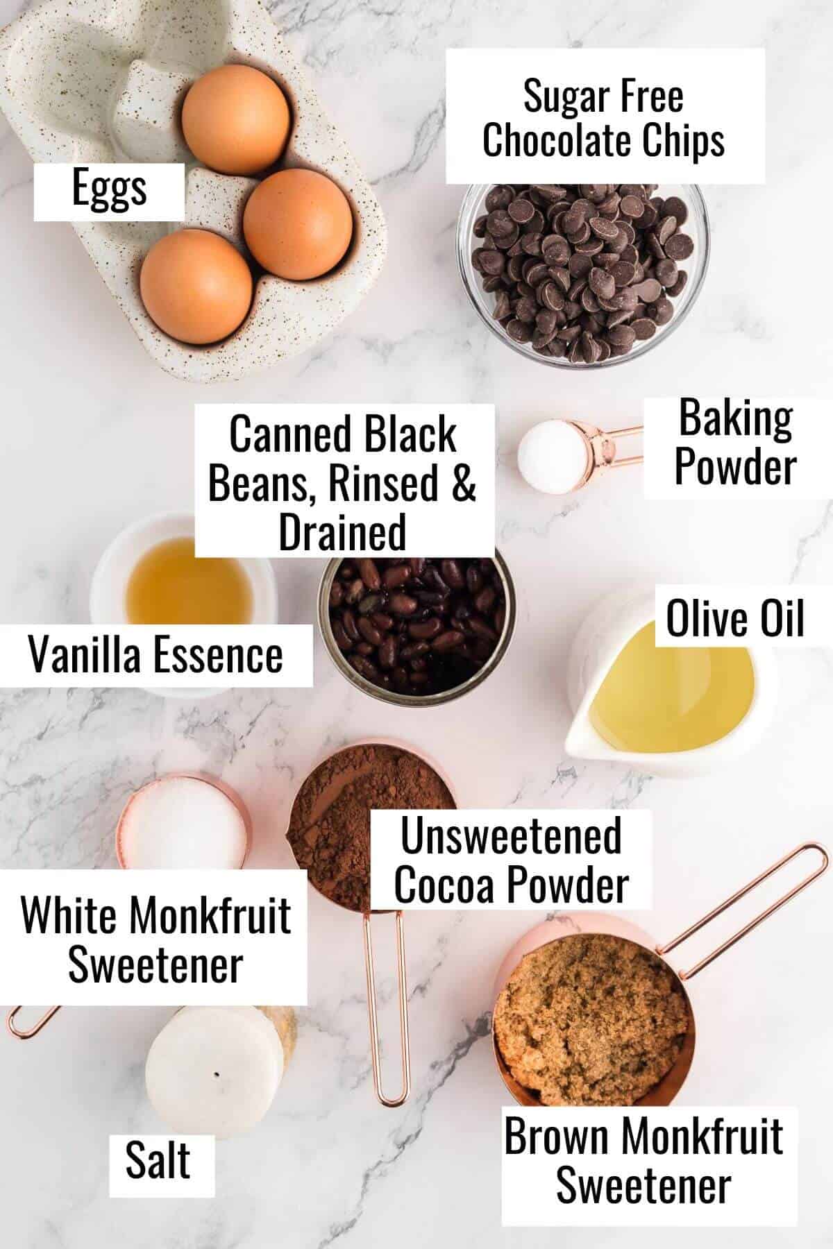 ingredients layed out on a counter for making healthy black bean brownies