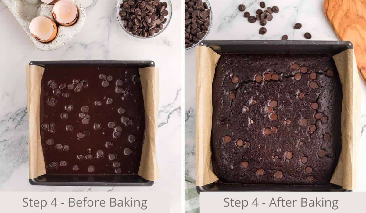 Before and after baking photo of black bean brownies in a tin