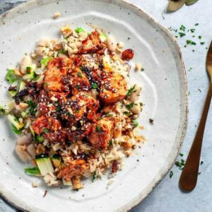 salmon and rice salad on a white plate