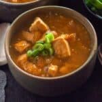 bowl of appricot chicken with green onion garnish on top