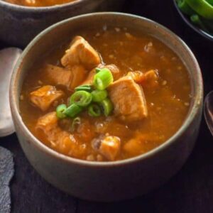 bowl of appricot chicken with green onion garnish on top