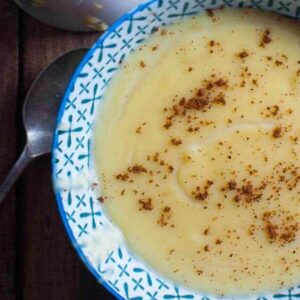 a bowl of sugar free custard with a spoon