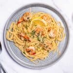 chili prawn pasta with fettucine, lemon and parmesan