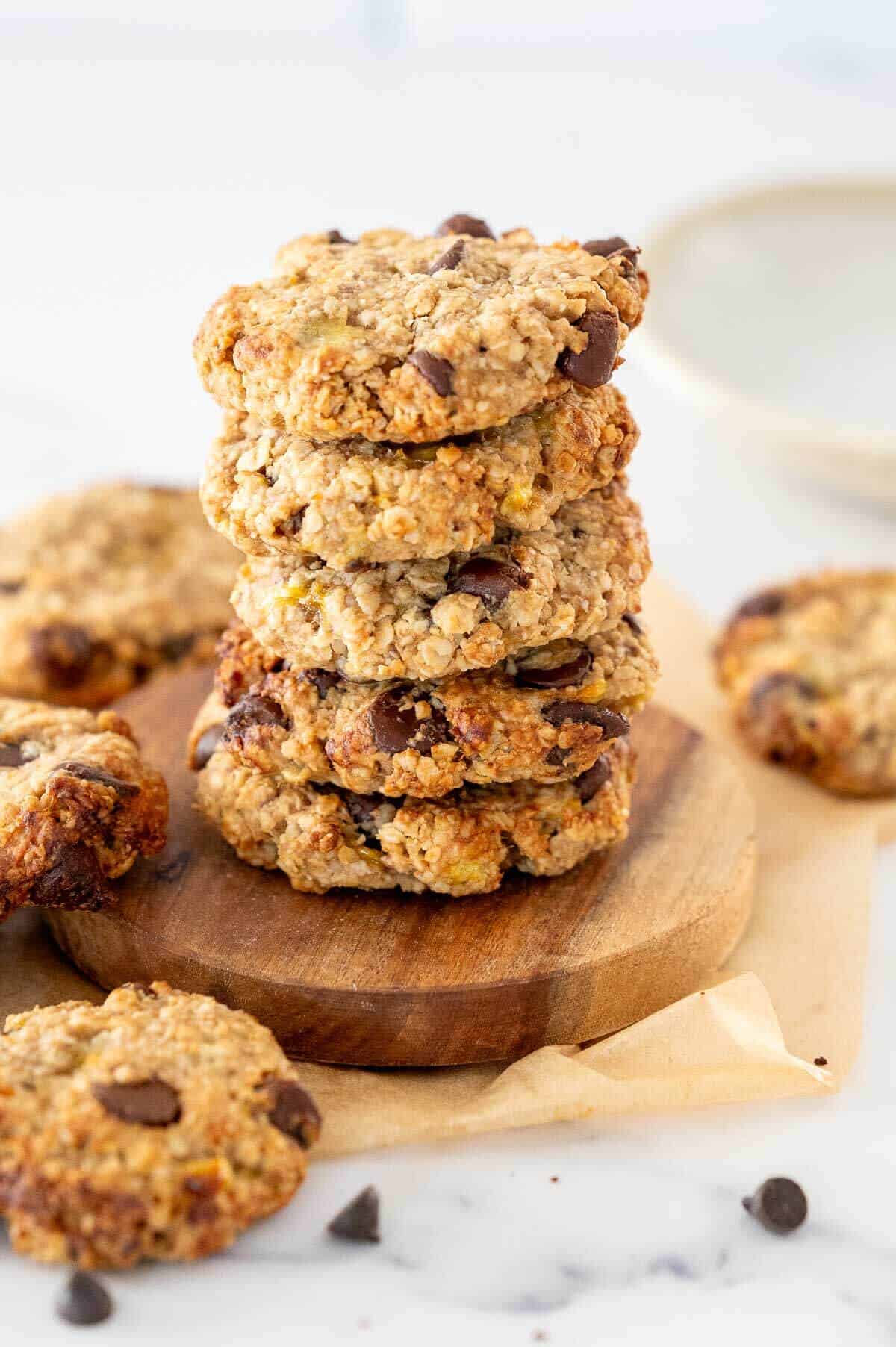 6 stacked oat peanut butter and banana cookies with chocolate chips