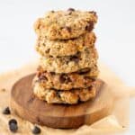 6 stacked oat peanut butter and banana cookies with chocolate chips