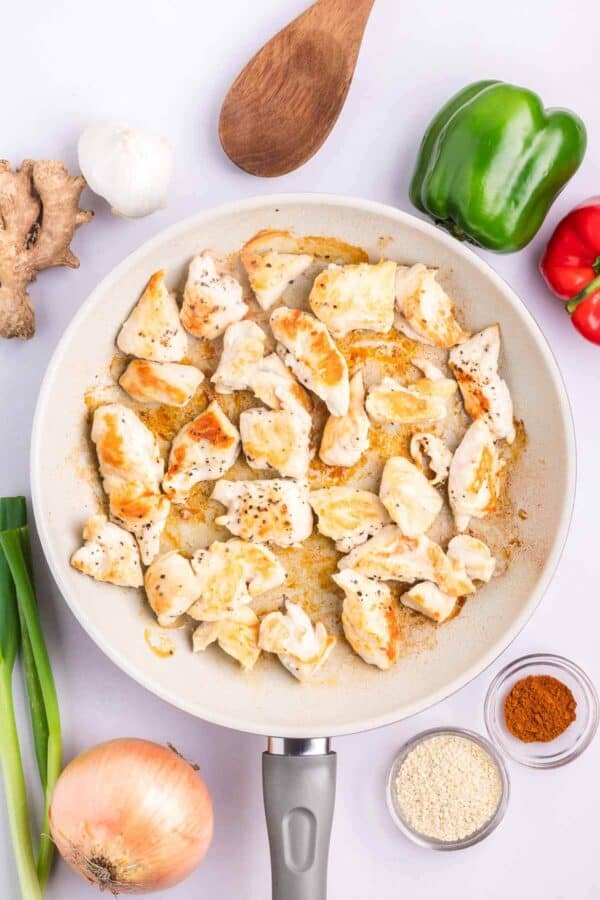 cooked chicken breast pieces in a pan