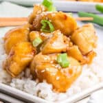 bite sized chicken pieces covered in low sugar general tso sauce