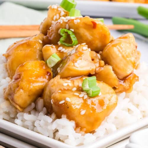 bite sized chicken pieces covered in low sugar general tso sauce