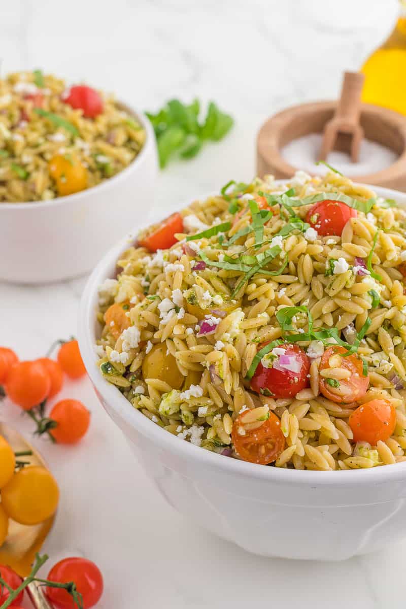Orzo pasta salad with feta and cherry tomatoes
